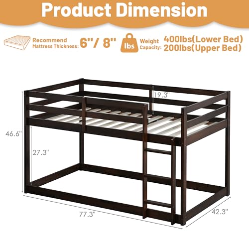 Bunk Bed Twin Over Twin, Wood Low Profile Floor Twin Bunk Beds with Ladder Guardrails for Kids Boys and Girls, No Box Spring Needed
