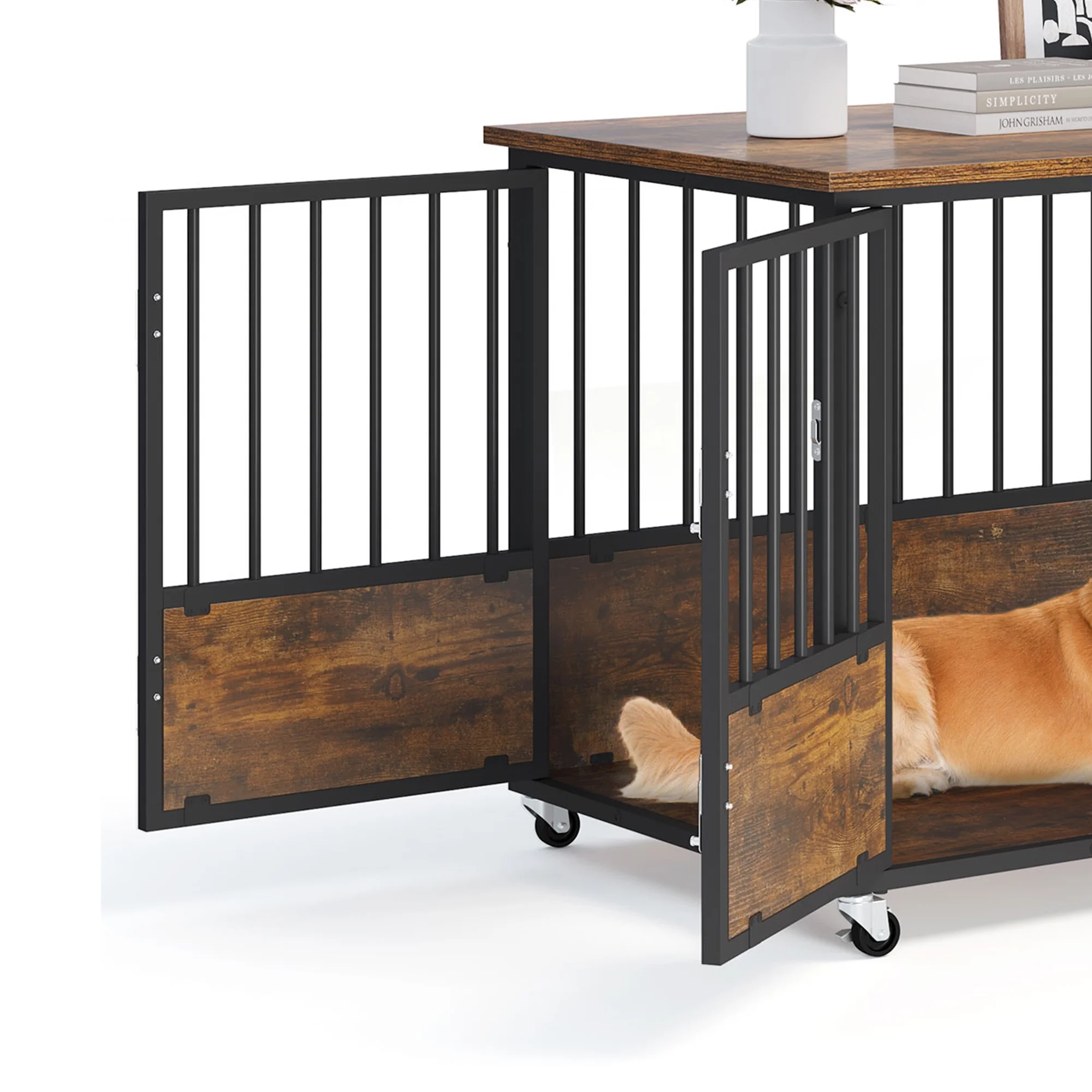 Dextrus Large Dog Crate Furniture with Wheels, 38in Rustic Heavy Duty Metal Dog Crate and Kennel for Small Medium Dogs