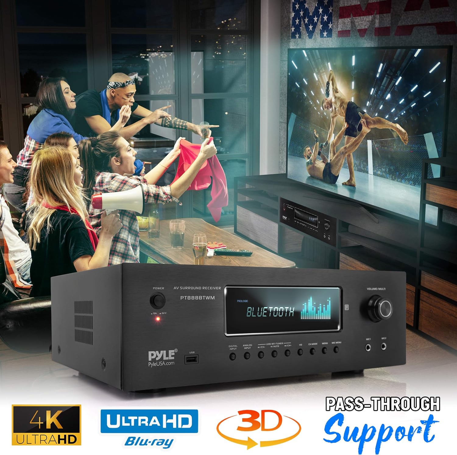 1000W Bluetooth Home Theater Karaoke Receiver - 5.2-Ch Stereo Amplifier 2 UHF Wireless Microphone Video Pass-Through Supports