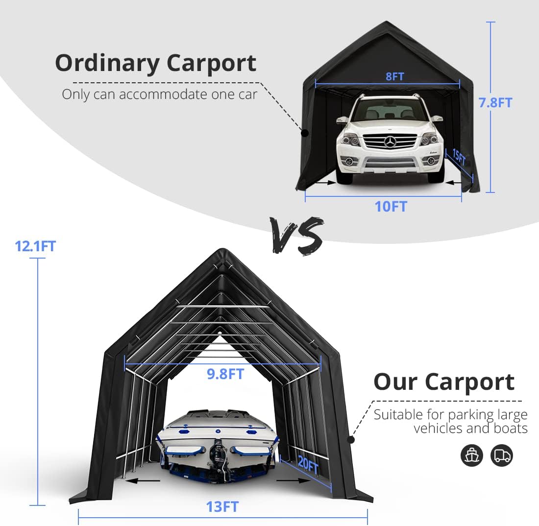 KING BIRD 13' x 20' x 12' Heavy Duty Anti-Snow Carport for SUV, Full-Size Truck and Boat, Outdoor Car Canopy Boat Shelter with Reinforced Ground Bars