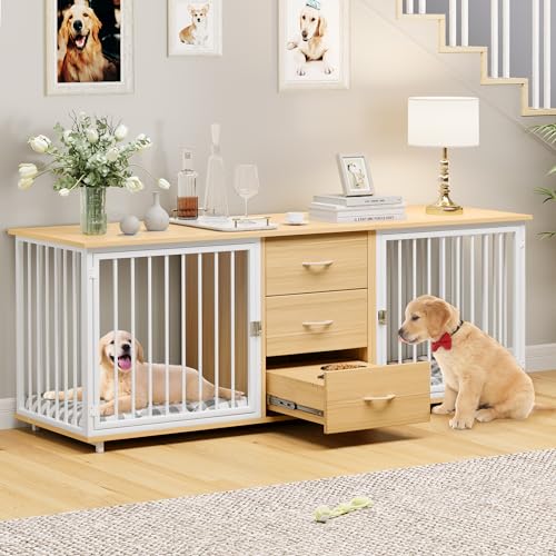 YITAHOME 74" Double Dog Crate Furniture with 2 Feeder Bowls, Wooden Dog Kennel TV Stand with Room Divider for 2 Large Medium Small Dogs, Walnut White