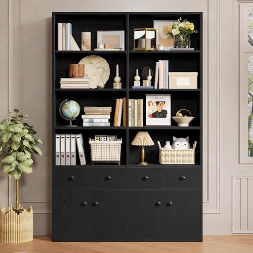 IRONCK 78.7" Bookcase with 4 Drawers and 4 Doors, 6 Tier Large Bookshelf with Storage, Floor Standing Display Storage Shelves
