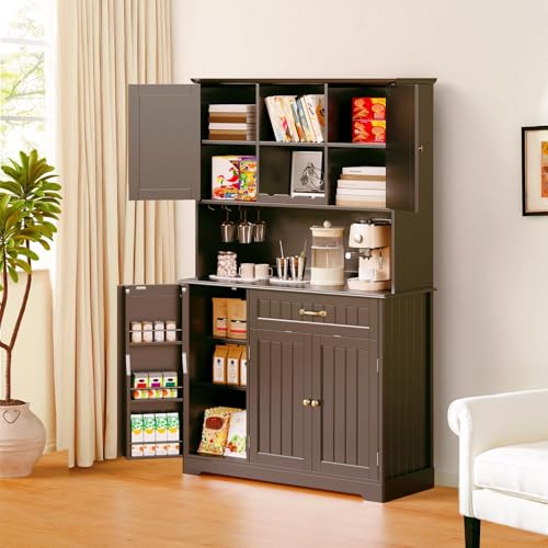 Gizoon 67.7" Kitchen Pantry Cabinet with Microwave Shelf Tall Coffee Bar Cabinet with Storage Kitchen Hutch with Countertop for Dining Room and Craft