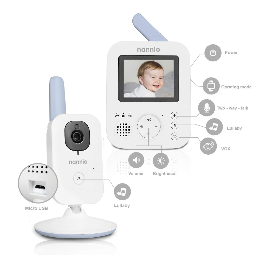 nannio Hero2 Video Baby Monitor with Camera and Audio, Two-Way Talk, Auto Night Vision, Voice Activation, 5 Lullabies, 985ft Range, Long Battery Life