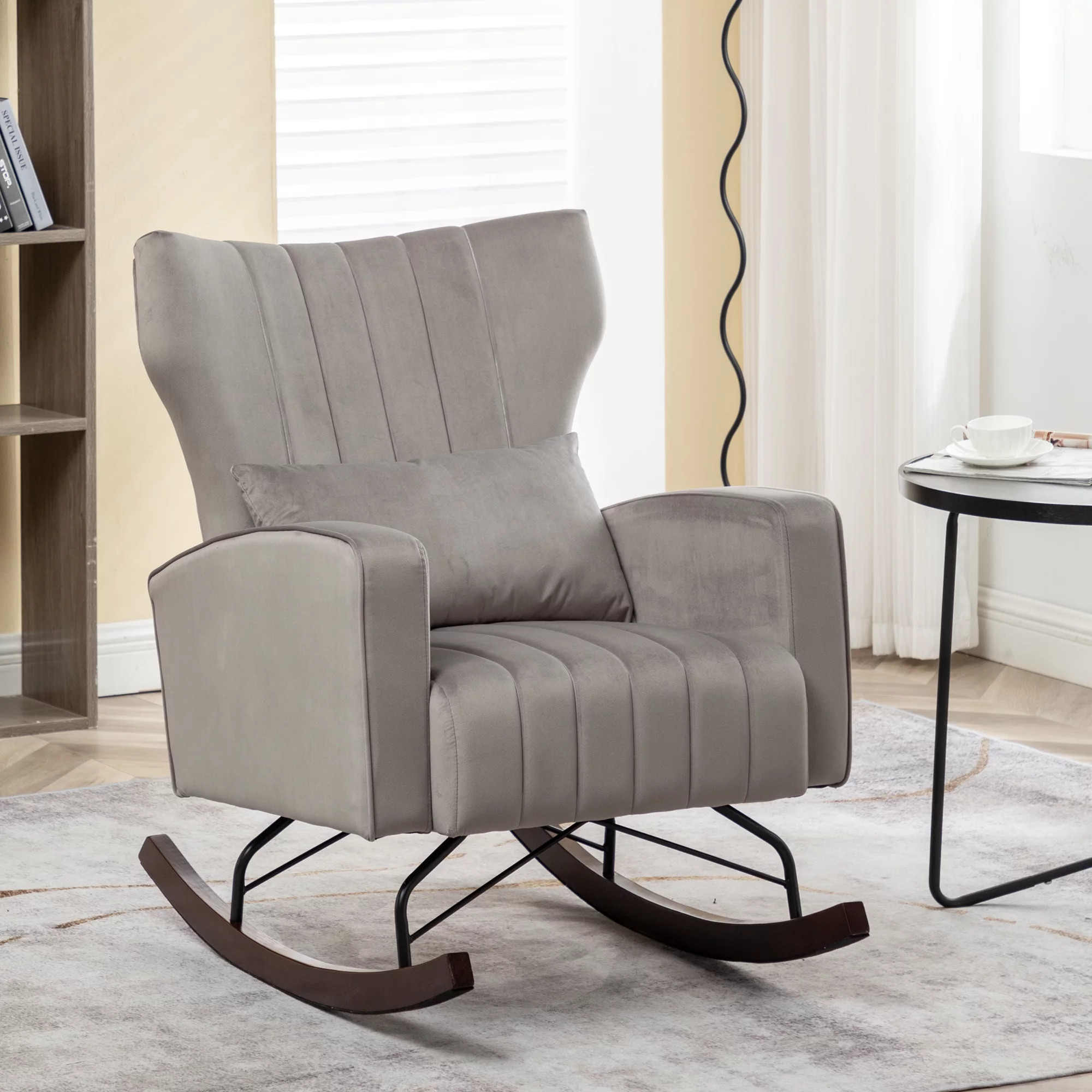 Velvet Nursery Rocking Chair, Accent Rocking Chair with with Solid Metal Legs, Upholstered Comfy Glider Rocker for Reading, Bedroom and Living Room