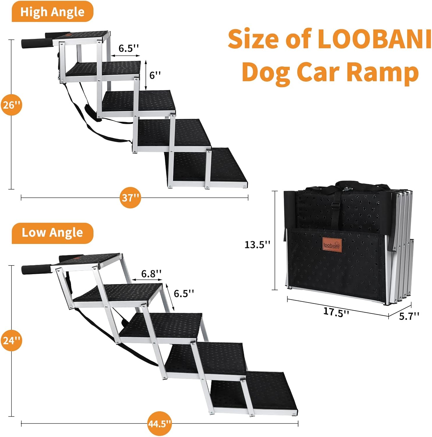 Dog Car Ramp for Large Dogs, LOOBANI Lightweight Dog Stairs Support up to 200lbs, Folding Agility Dog Ramp with Increased Nonslip Surface