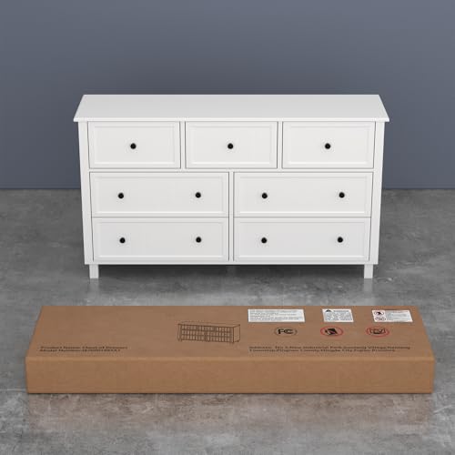 Farmhouse Dresser with 7 Drawers, White Dresser for Bedroom, Chest of Drawers, Modern Dresser for Closet, TV Stand with Large Drawers