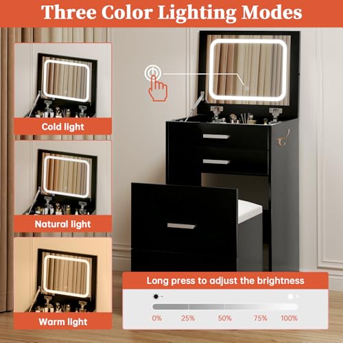 Compact Vanity with 3 Drawers, 3 in 1 Vanity Desk, Makeup Desk with Flip-up 3 Colors Lighting Mirror and Cushioned Stool