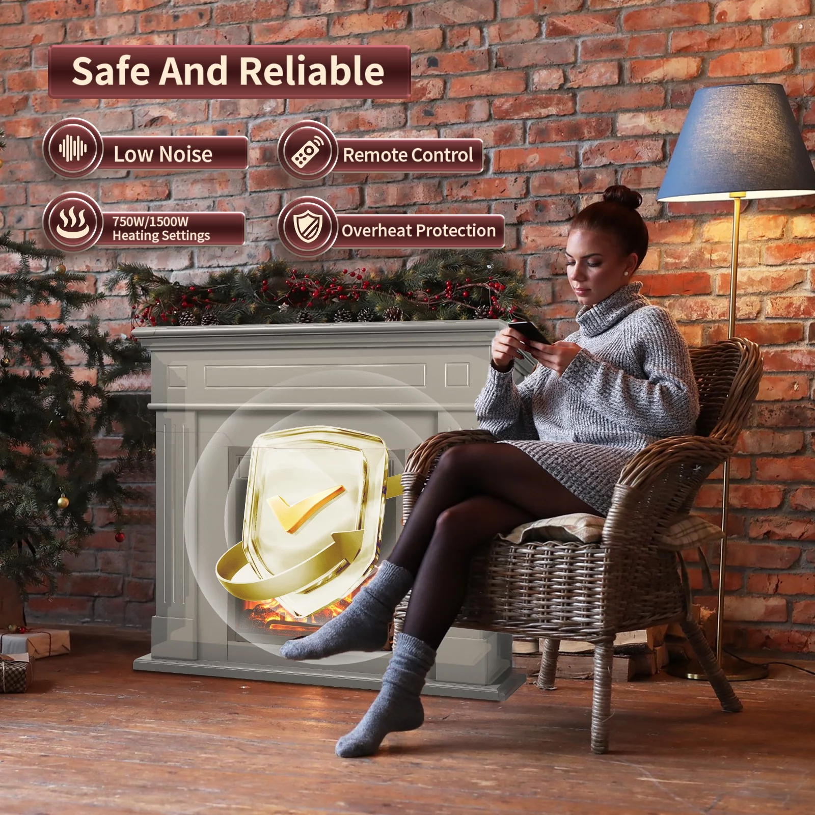 LHRIVER Freestanding Wooden Frame Fireplace with TV Stand, Electric Fireplace Mantel Heater, Various Brightness & Realistic Flames & Remote Control