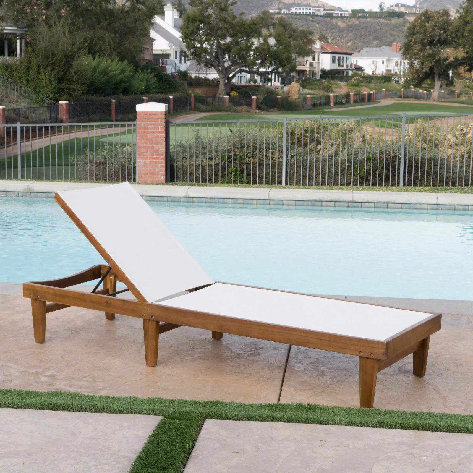 Azara Outdoor Acacia Wood and Mesh Chaise Lounge - Teak and White