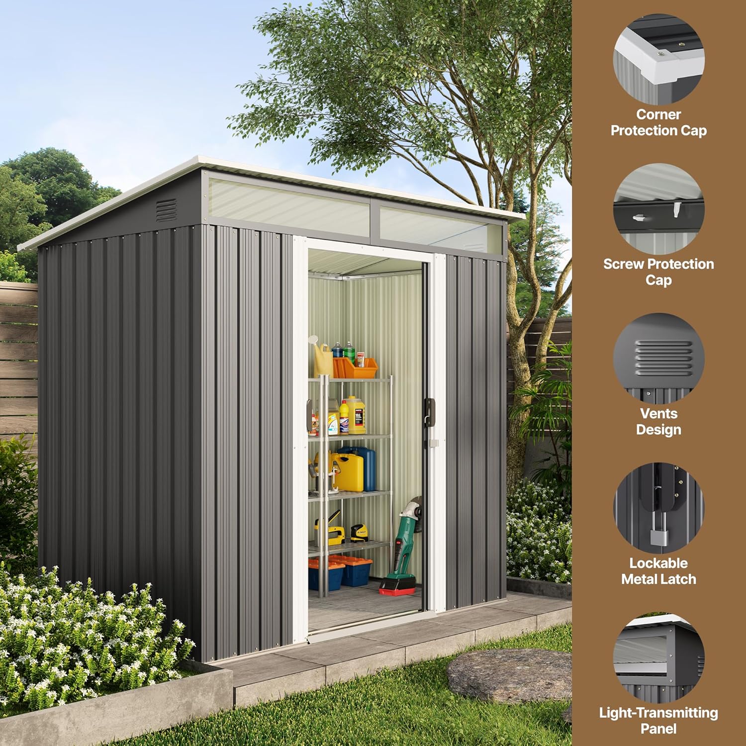 Gizoon 6' x 4' Outdoor Storage Shed with Sliding Doors, Versatile Metal with Anchors, Tool Shed with Transparent Panel Windows