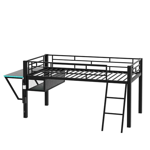 Gaming Bed with Desk,Wardrobe,Ample Storage Space,and RGB LED Light, Full Size Wood Loft Bed for Kids Bedroom (Cloud Blue/K)
