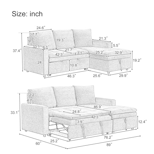 Convertible Sofa Couch with Storage Chaise, 3 Seat Sectional Sofa Set with Pullout Bed for Living Room