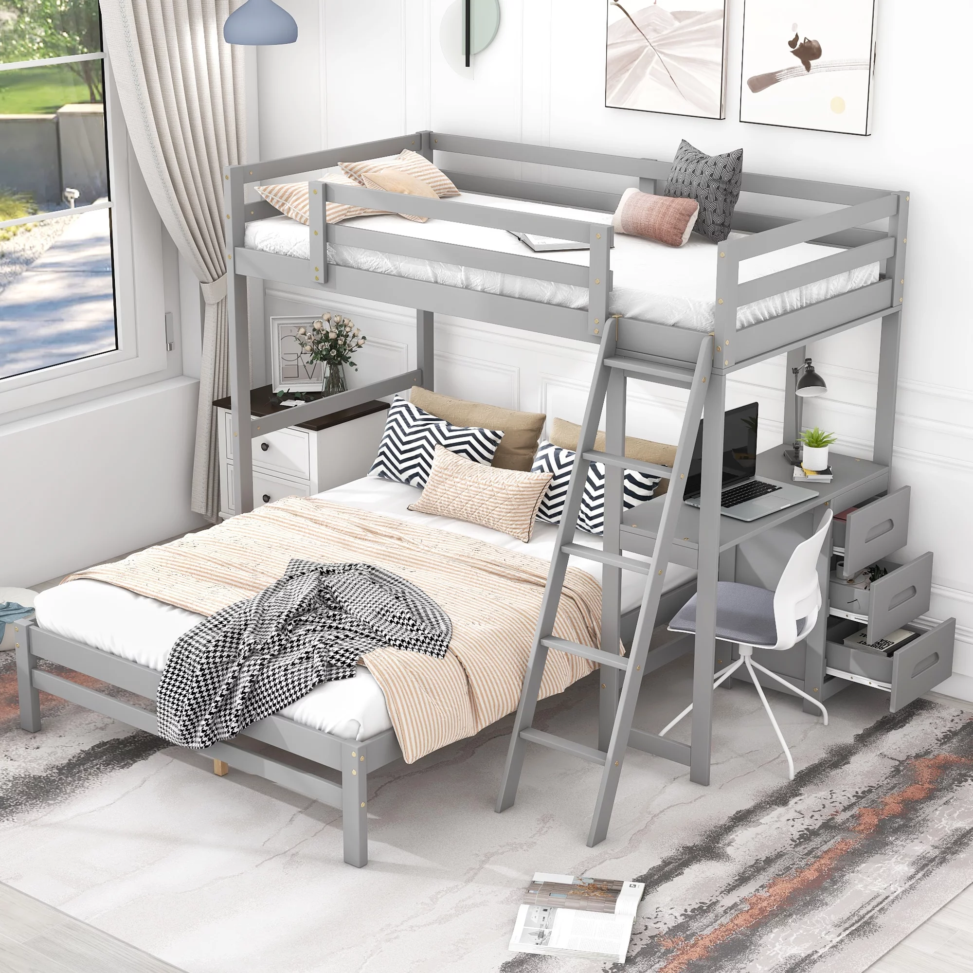 EUROCO Twin over Full Bunk Bed with Desk and Drawers for Kids Room, Gray
