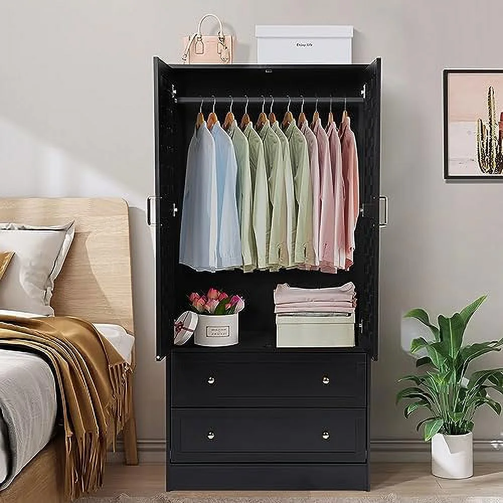 KHBIULIFE Armoire Wardrobe Closet with 2 Woven Doors  Wardrobe Cabinet with 2  Drawers and Hanging Rail  Freestanding Wooden Closet for Bedroom