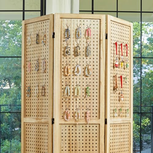 Pegboard Display, 5.6Ft Wooden Room Divider Folding Privacy Screens Portable Freestanding Wall Organizer for Retail Craft Art Display Board (4panels