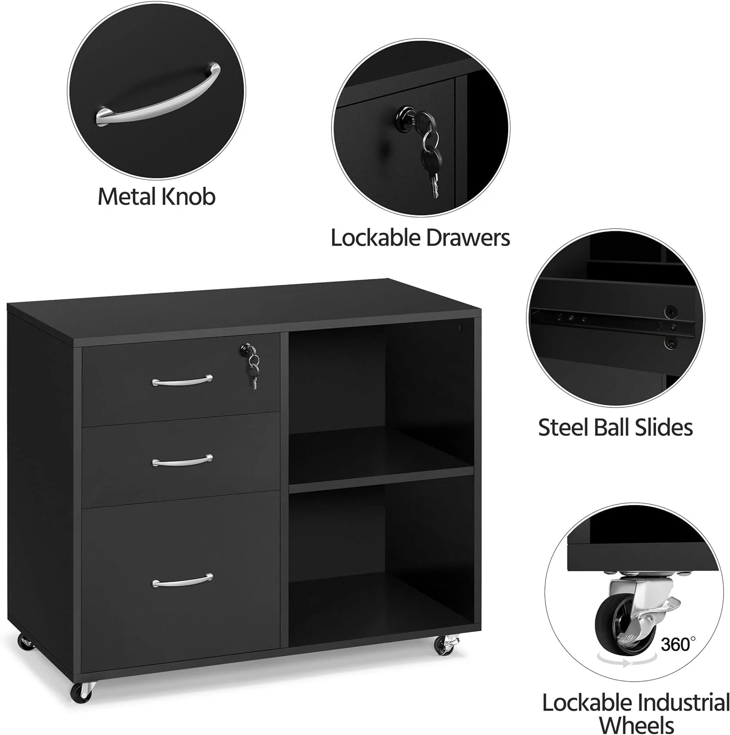 Black File Cabinet with Lock for Letter, A4 Size,3 Drawer Lateral Filing Cabinet Printer Stand with Open Storage Compartments