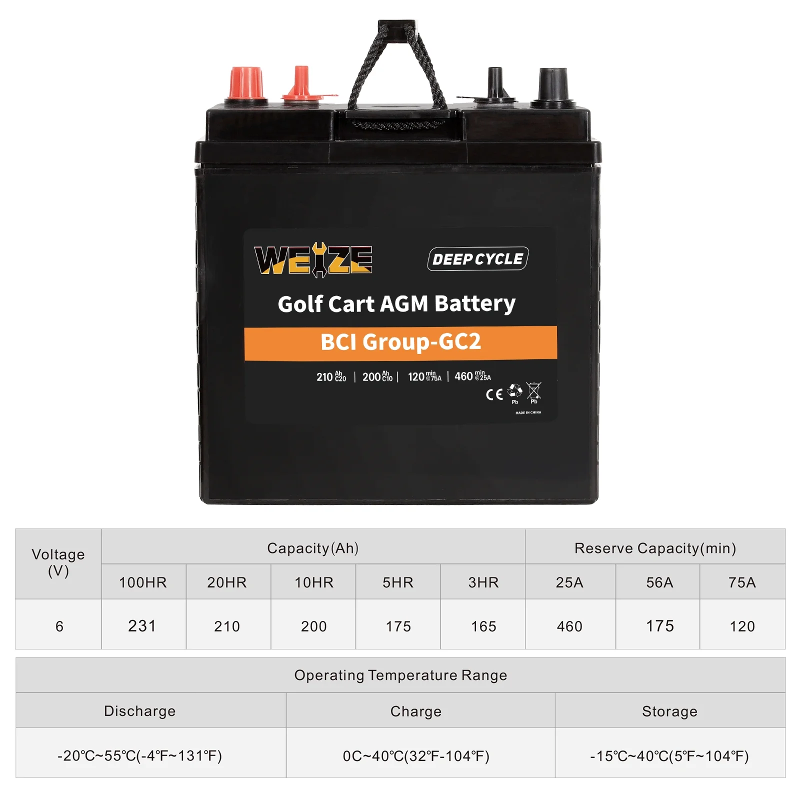 Weize Golf Cart Battery, 6V 210ah BCI Group GC2 Deep Cycle AGM Scrubber Battery - Radiant Selections