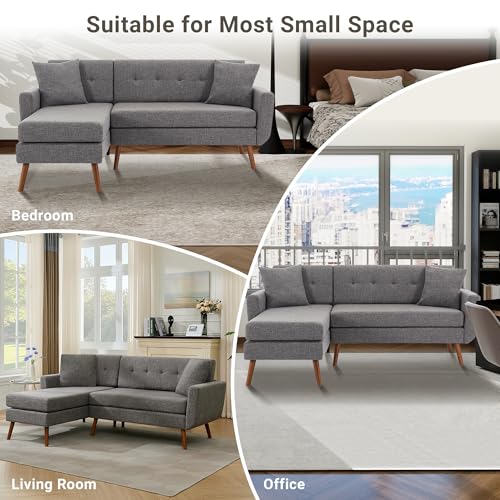 Tbfit L Shaped Couch Sofa, 80" W Mid-Century Modern Sectional Couches, 3 Seater Sofas with Wide Chaise Lounge & Two Pillows