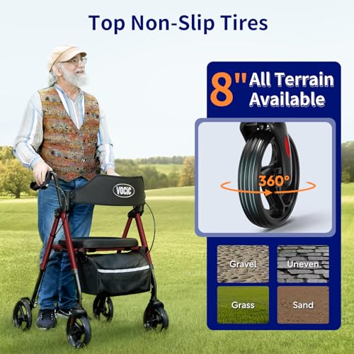 Walkers for Seniors,Foldable Walker with Seat,Rollator Walker with Durable Aluminum,8" Big Wheels for All Terrain, Ergonomic Seat and Backrest