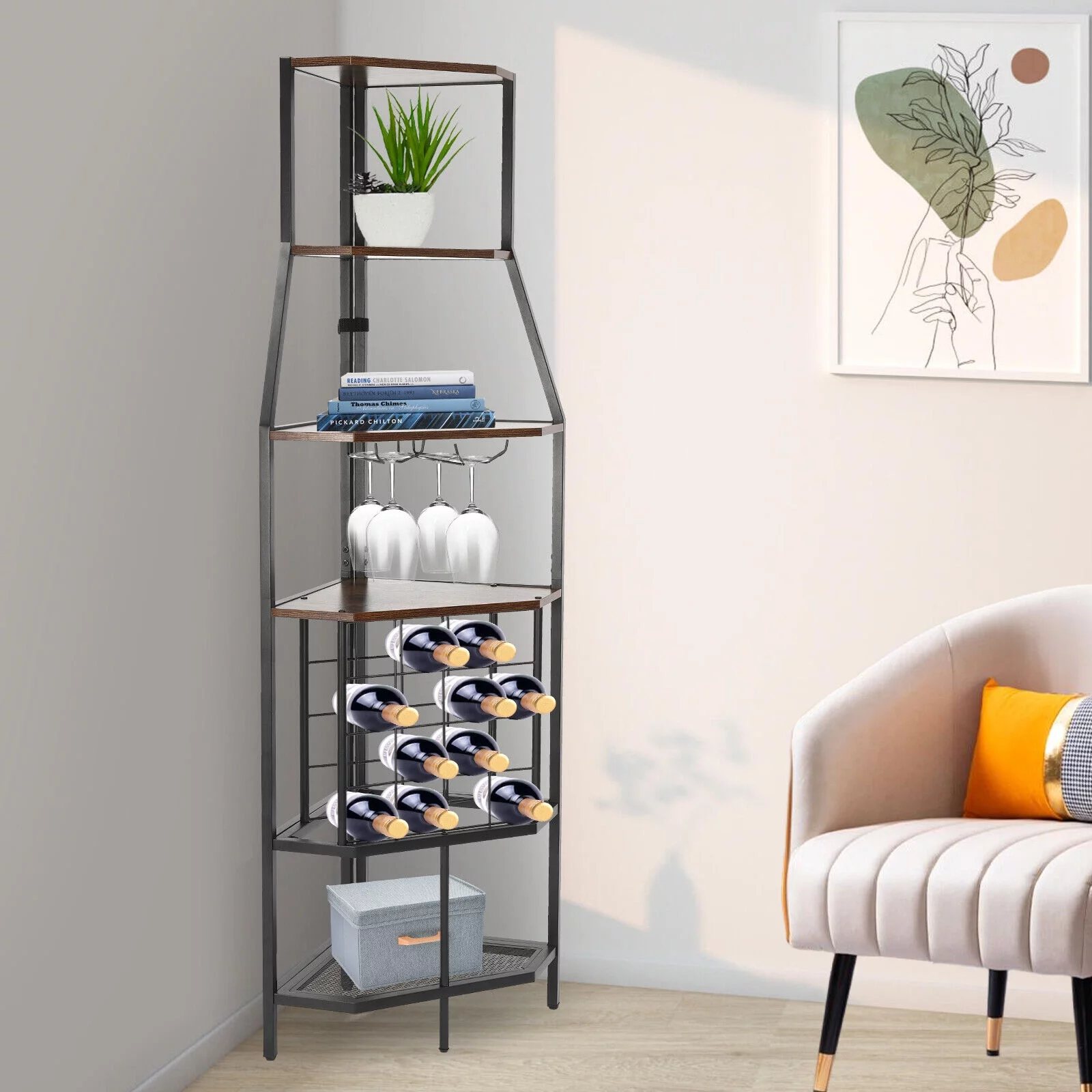 5-Tier Corner Wine Rack W/Glass Holder+Storage Shelf Industrial Corner Bar Shelf Triangle Corner Shelf (Brown/Gray) - Curated Treasures Market
