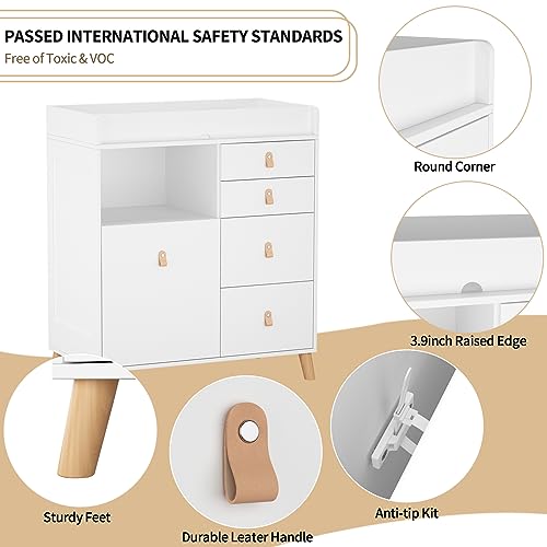 Baby Changing Table Dresser, 33.5" Baby Nursery Dresser with Drawers & Shelf, Wooden Storage Dresser Chest w/Changing Station for Infant Kids Bedroom