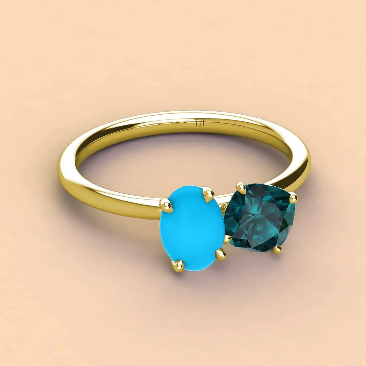 Oval Turquoise & Cushion London Blue Topaz 2 1/3 ctw Four Prong Women 2 Stone Duo Engagement Ring 10K Yellow Gold-6.5