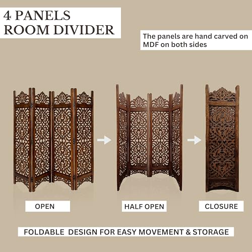 Lightnpro Wooden Room Divider - Handmade Foldable Partition Screen with Intricate Oval Carved Design Hinged