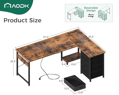 AODK L Shaped Gaming Desk with 4 Drawers, 61" Reversible Home Office Desks with Power Outlets