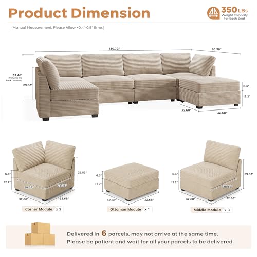 ovios 130.7" Modular Sectional Sofa Couch, U-Shaped Cloud Couches with 2 Ottomans Chaise