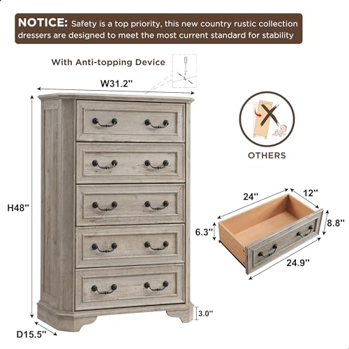 T4TREAM Farmhouse 5 Drawers Dresser for Bedroom, 48" Tall Wood Rustic Chest of Drawers with Natural Texture, Vintage Design