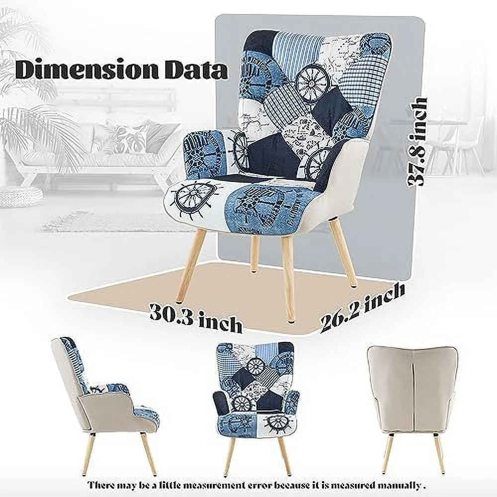 NLIBOOMLife Living Room Accent Chair with High Backrest Wooden Base Upholstered Armchair for Small Spaces Morden Cozy Chair for Bedroom Grey Plaid