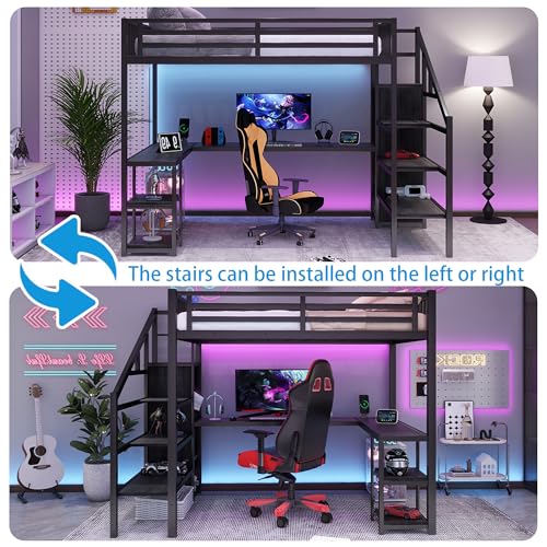 Full Size Loft Bed with Desk,Metal Heavy Duty Full Loft Bed with Stairs,Wardrobe and Shelves