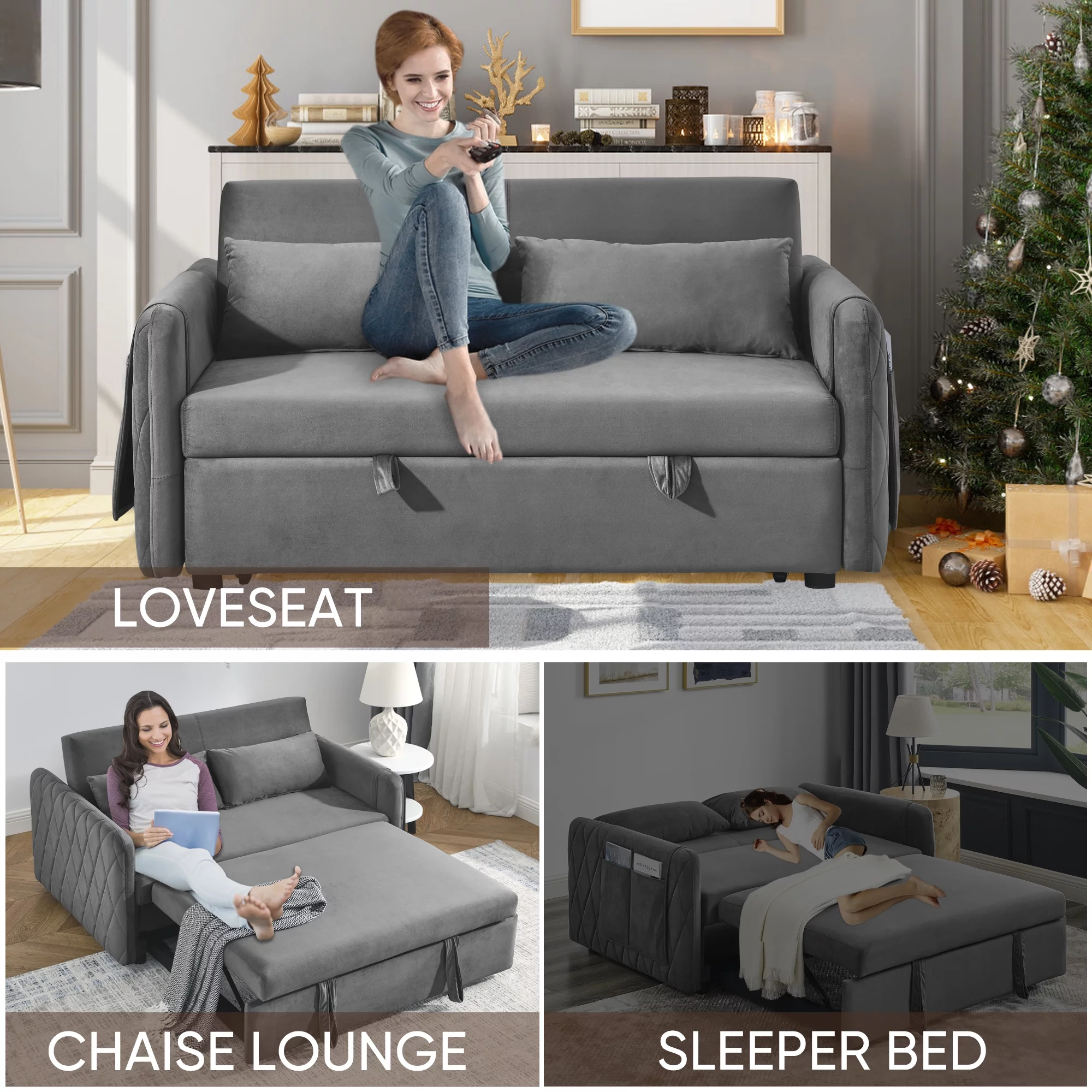 KINFFICT Futon Sofa Bed, Modern 2-Seat Loveseat Sleeper, Pull Out Sofa Bed for Living Room, Gray - Radiant Selections