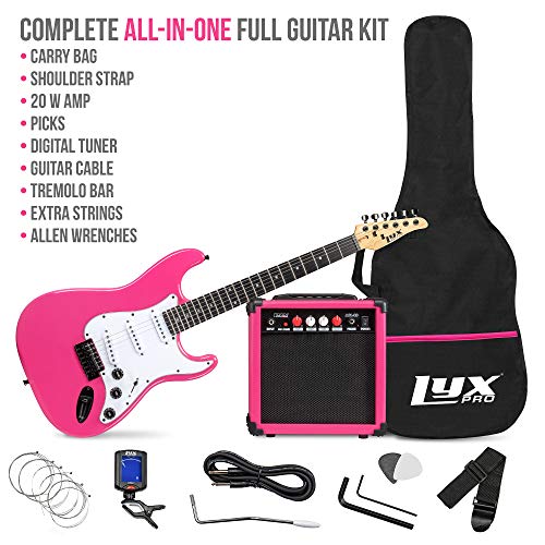 LyxPro 39 inch Electric Guitar Kit Bundle with 20w Amplifier, All Accessories, Digital Clip On Tuner, Six Strings, Two Picks, Tremolo Bar