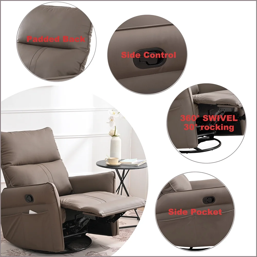 High Back Rocking Chair, Nursery Chair with Side Pocket, 360 Degree Swivel Single Sofa Chair, Lazy Sofa Balcony Reclining Chair