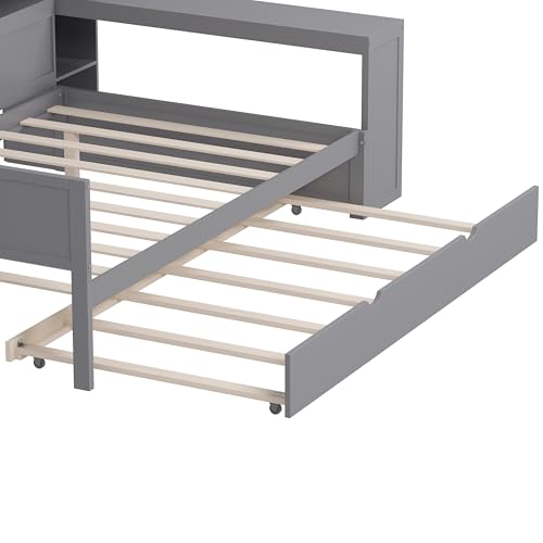 Bellemave Twin Corner Bed Frame with Storage Shelves and Desk, Wood Twin Size Daybed with Bookcase and Drawers and Storage, Gray