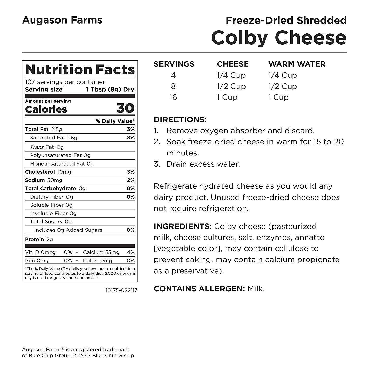 Augason Farms Freeze Dried Shredded Colby Cheese 1 lbs 14 oz NO. 10 Can