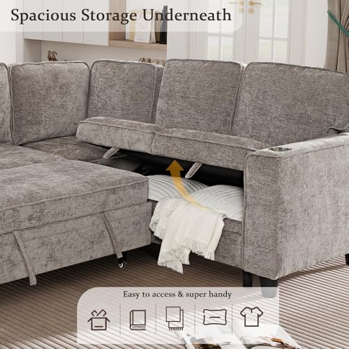 L-Shaped Pull Out Sleep Sofabed,Modern Reversible Sleeper Sectional Sofa Chenille Upholstered Button Tufted Decor with Storage Chaise