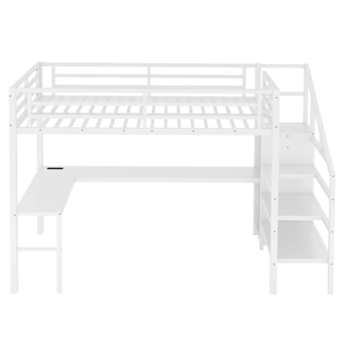 Bellemave Full Size Metal Loft Bed with L Shaped Desk and Wardrobe, Heavy Duty Loft Bed Frame with Storage Stairs