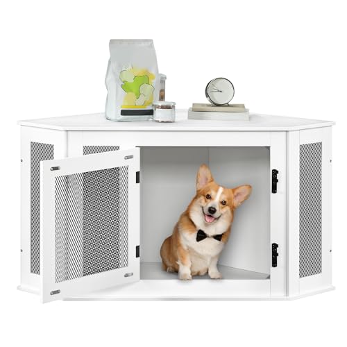 Corner Dog Crate Furniture, Wooden Dog Kennel End Table, Decorative Pet Crate Indoor Use, Furniture Style Dog House for Small Medium Dog