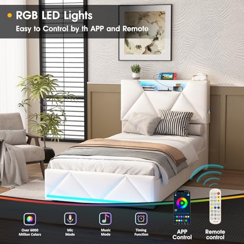 Vabches Queen Bed Frame with Storage Headboard and 4 Drawers,Upholstered Platform with Charging Station and Led Lights,Adjustable Headboard