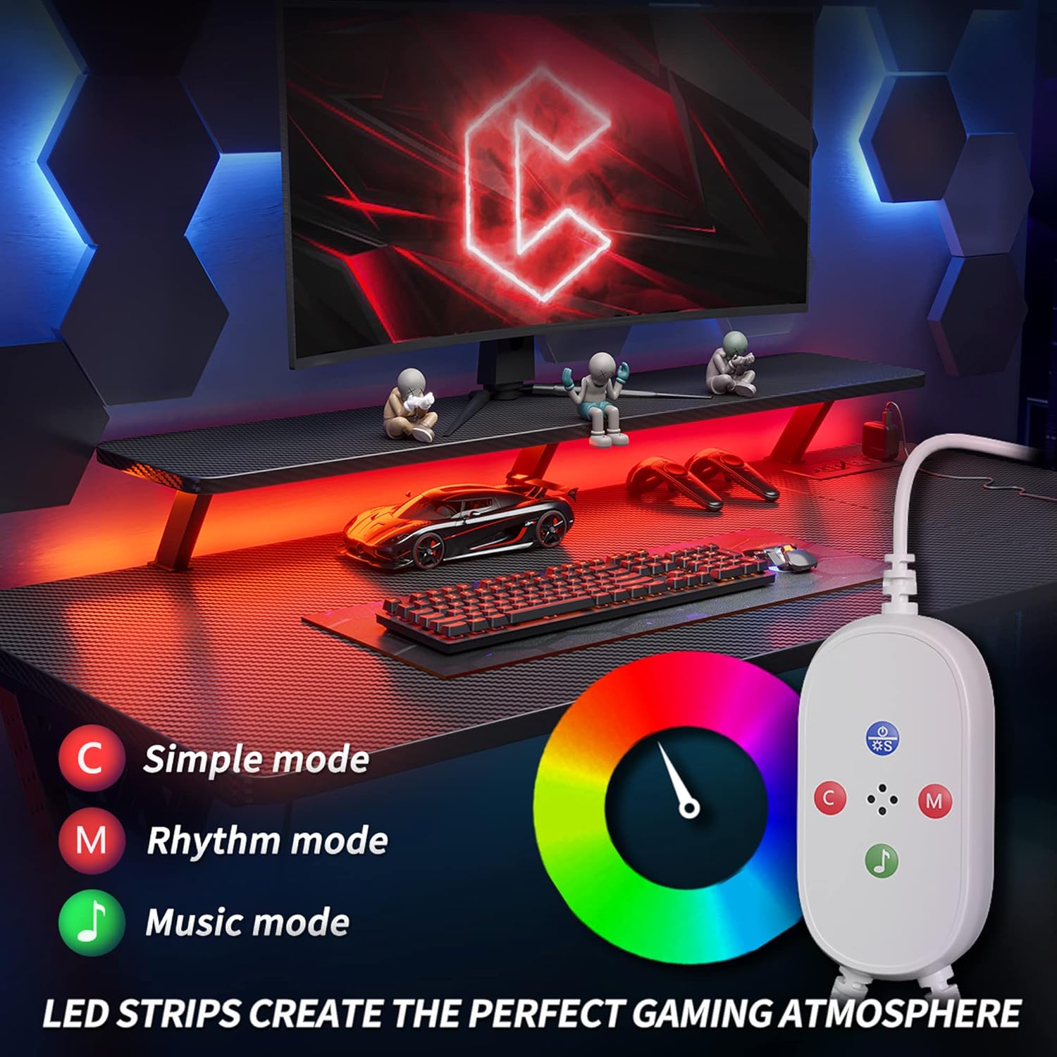 CubiCubi Aurora Gaming Desk with LED Lights & Power Outlets, 40 Inch L Shaped Carbon Fiber Surface Desk with Storage Shelves