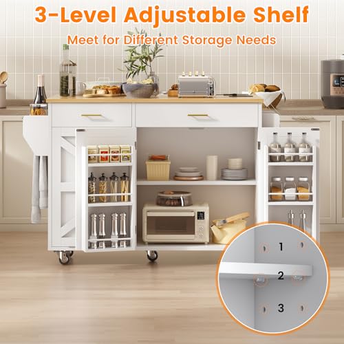 51.8" Kitchen Island Cart with Trash Can Storage, Kitchen Island on Wheels with Power Outlet & Drop Leaf