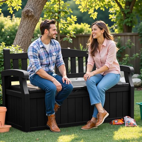 Flamaker 80 Gallon Storage Bench Outdoor Indoor, Durable All-Weather Seating with Hidden Storage, Lockable Deck Box for Garden, Patio