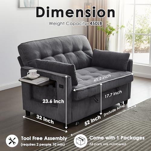 Sleeper Sofa Bed, 52‘’ Convertible Pull Out Couch with Small Table| USB Port | Side Pockets | Corduroy Fabric | Adjustable Backrest for Apartment
