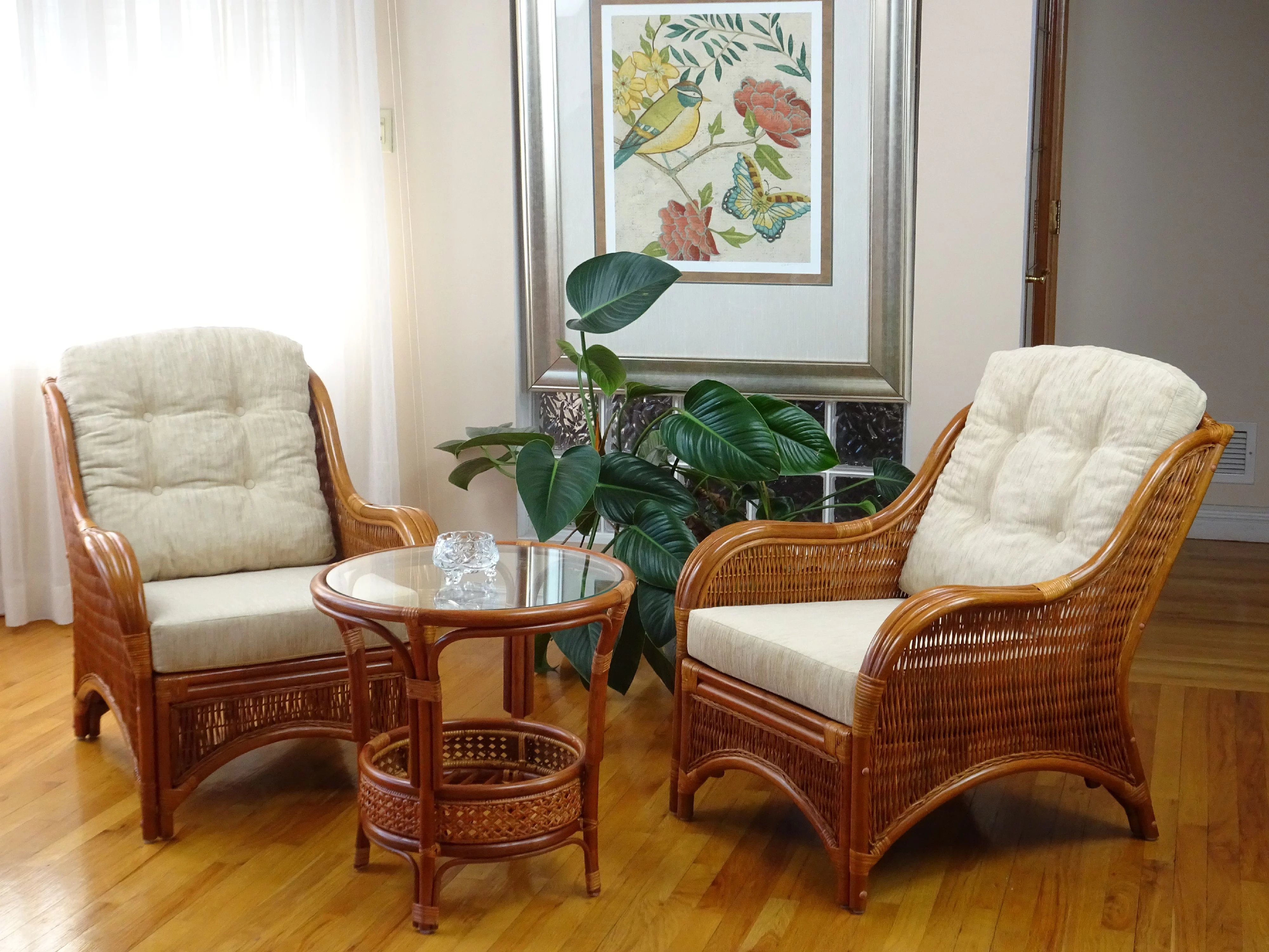 SK New Interiors Jam Lounge ArmChair ECO Natural Rattan Wicker Handmade Cream Cushions, Colonial Color