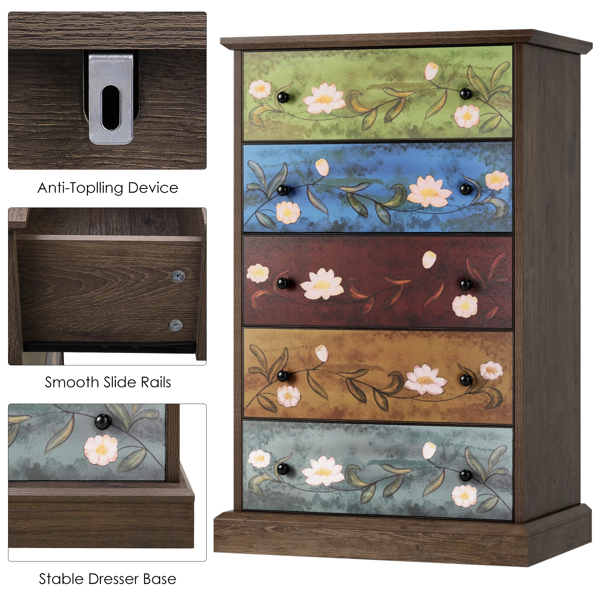 Homfa 5 Drawer Dresser for Bedroom, Boho Wood Storage Cabinet for Entryway Living Room, Wide Top, Study Base, Women