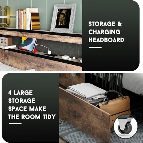King Size Bed Frame with 4 Storage Drawers and Headboard with Charging Station and LED Lights,2 Tier Solid Wood Headboard Storage,Noise Free