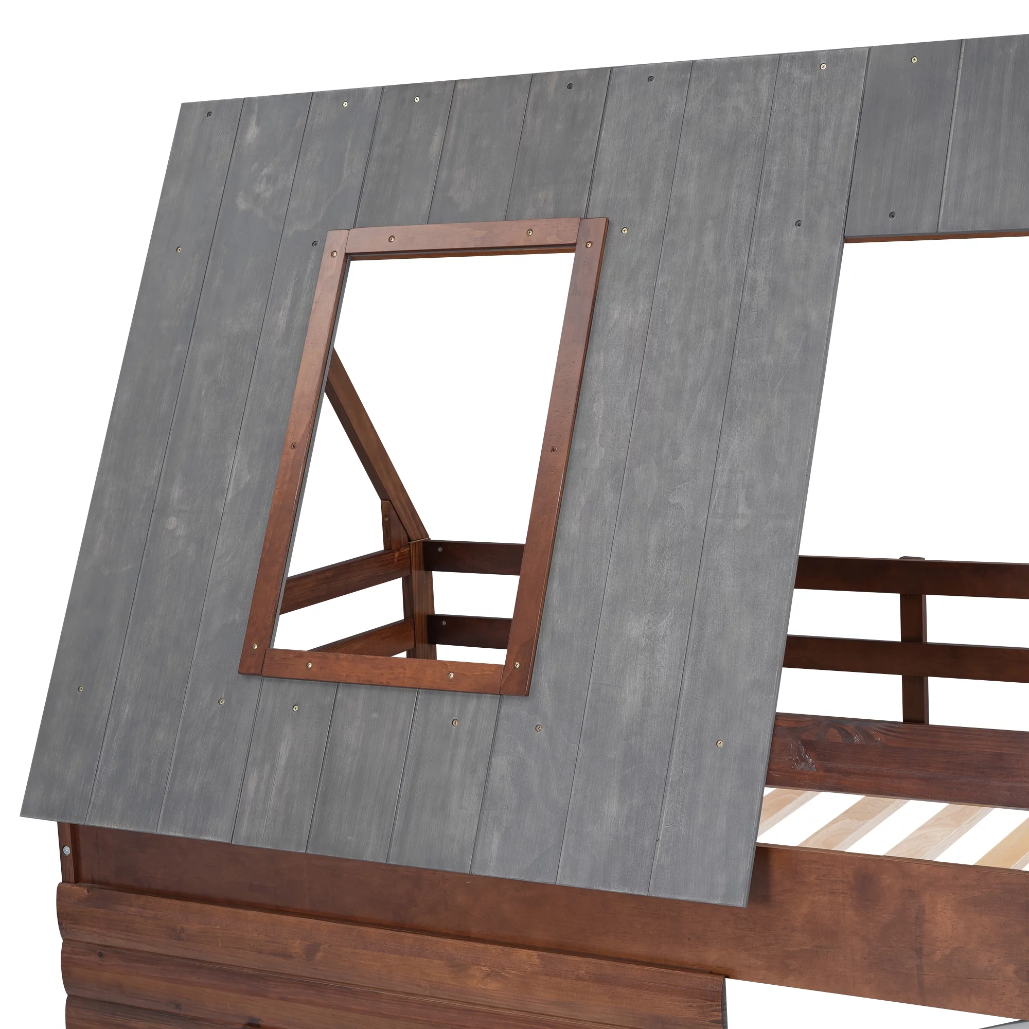EUROCO Twin over Twin House Bunk Bed with Roof for Kids Bedroom, Grey